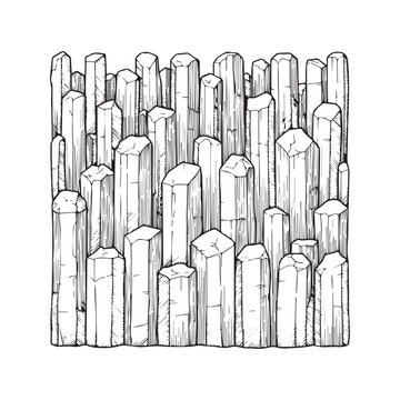 Abstract vertical line art pattern resembling basalt rock columns or tree bark. Black and white vector illustration with ink hatching texture, suitable for wallpaper, background, or fabric design.
