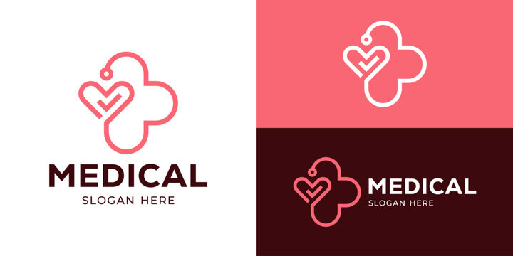 Creative simple medical logo template. Love with cross plus symbol with stethoscope for health care logo design vector illustration.