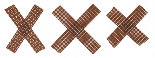 Three brown adhesive tape crosses with a subtle grid pattern, arranged horizontally on a clean white background. The image features textured, torn masking tape strips forming X shapes.