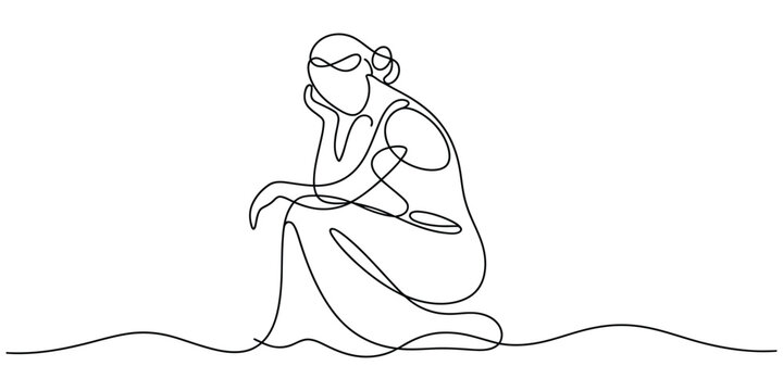 Continuous line art drawing of a thoughtful woman contemplating with a pensive expression