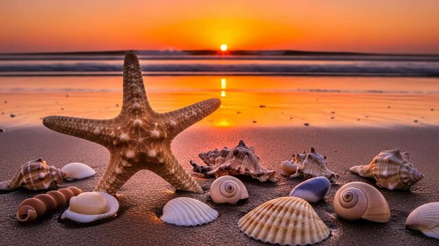 A serene beach scene at sunset with a starfish and various seashells on the sand