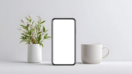 A sleek modern smartphone with a white blank screen is displayed alongside a vibrant green plant in a vase and a simple white mug creating a serene and organized desk setup