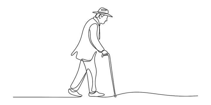 Continuous line art of an old man in a hat walking with a cane, symbolizing age