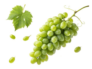 Obraz premium Fresh green grapes falling with leaf isolated on transparent background