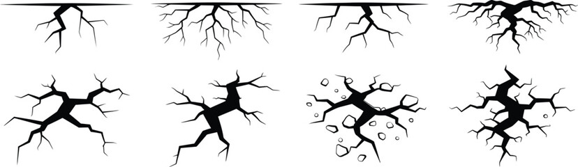 Various black vector illustrations of cracks, fractures, and destruction effects
