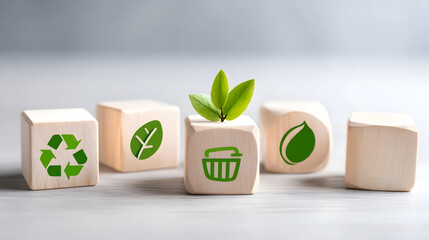 Eco friendly concept wooden cubes display symbols of recycling nature and conservation with a fresh plant sprouting from one highlighting ecological responsibility and a green future