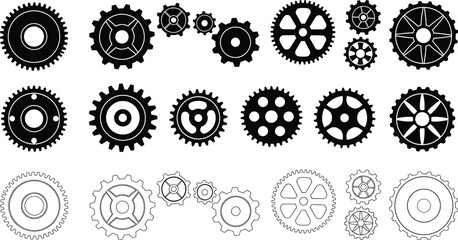 A large collection of various black and white gear and cog silhouettes and outline designs