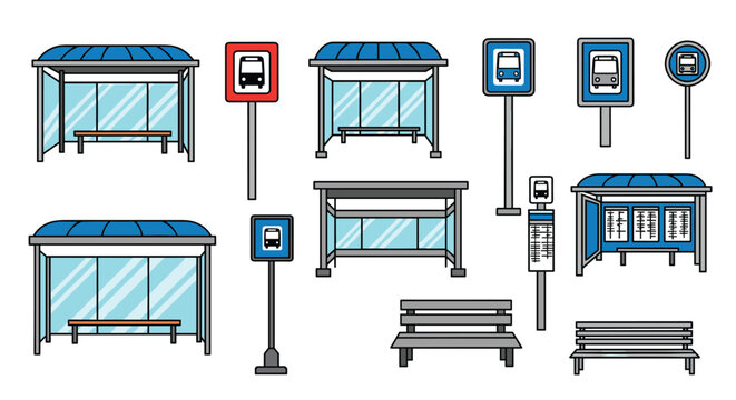 Collection of public transportation elements, including various styles of bus stops, shelters, benches, and signs, in a line art style.