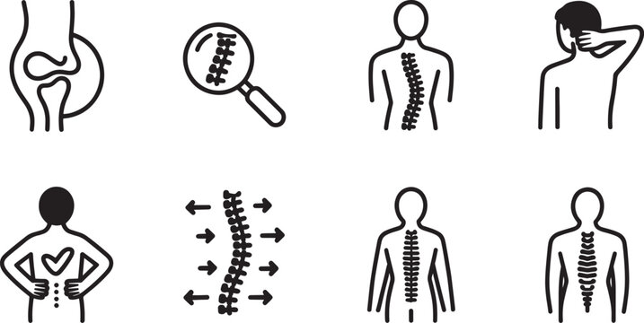 Orthopedic and chiropractic medicine icons showing spine flexibility and joint pain