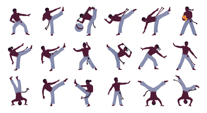 Dynamic set of capoeira fighters in various poses, showcasing the unique blend of martial arts, dance, and acrobatics from Brazil.