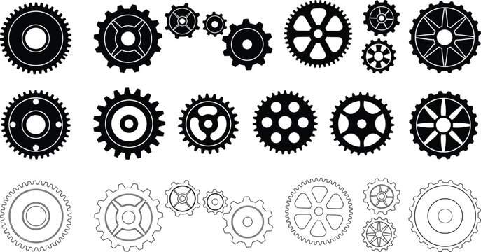 A large collection of various black and white gear and cog silhouettes and outline designs