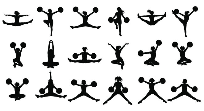 Energetic black silhouettes of cheerleaders in various jump and split poses, holding pom-poms, on a clean white background.
