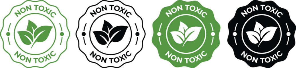 Non Toxic Eco Friendly Leaf Badge Icons Set in Green and Black Vector Design