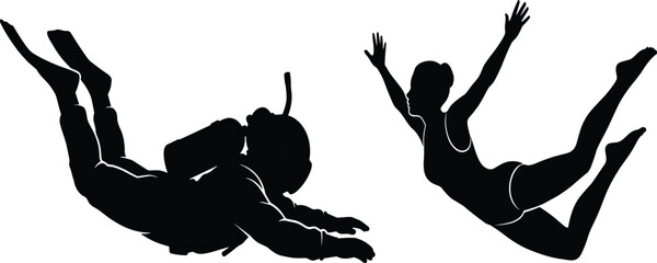 Skydiving silhouettes, professional diver, artistic free fall, adventure sport, extreme activity, freedom, movement, contrast, performance, aerial, parachute, flight, outdoor, © Afsun Creative