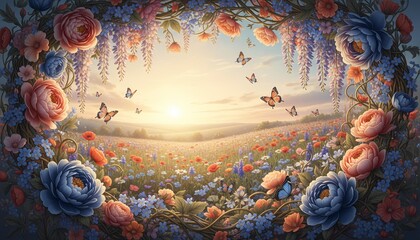 Colorful floral landscape with butterflies and sunrise in spring  