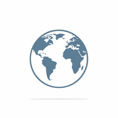 Fototapeta premium Vector illustration of a stylized blue globe icon, representing Earth with visible continents and a subtle shadow, isolated on a clean white background