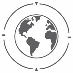 Obraz premium Monochrome outline vector icon of Earth globe, showing continents within a circular frame with directional markers, symbolizing global reach, international connections, and universal concepts