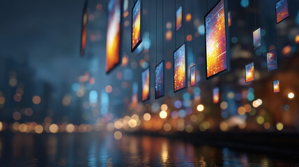 Modern City Display: A futuristic city comes to life, a symphony of light and technological integration as screens illuminate the night, showcasing a new era of digital connection.