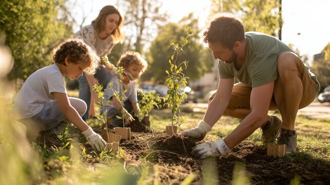 Family plants trees in community garden during sunny day in city park with children helping