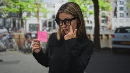 Young blonde woman holding a pink sticky note with a drawn smile while touching her glasses on a city street in amsterdam; playful mischief.