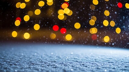 Snowy night scene with city lights