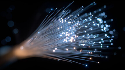 Illuminating Fiber Optics: A close-up shot reveals the intricate beauty of fiber optic cables, their delicate strands emanating a soft, luminous glow, symbolizing the flow of data.