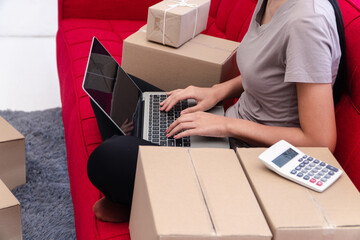 Home Office: A woman works on a laptop amidst cardboard boxes, on a red sofa, symbolizing online business, e-commerce, and logistics.