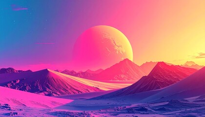Vibrant alien landscape with glowing pink sunrise over icy mountain peaks and valleys