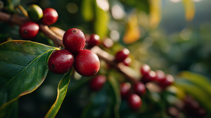 Obraz premium Coffee Cherry Harvest: A close-up view unveils the vibrant red coffee cherries ripening on a lush branch, showcasing the beauty of the harvest, The image evokes the rich aroma