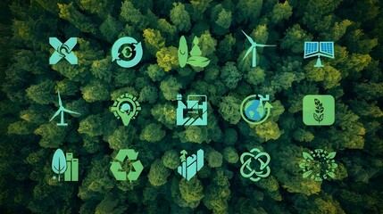Environmental Sustainability and Green Technology Icons Over Lush Forest Background