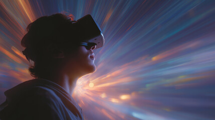 Virtual Immersion: a person is enveloped in a vibrant, digital world, exploring the possibilities of virtual reality, merging cutting-edge technology with human experience.