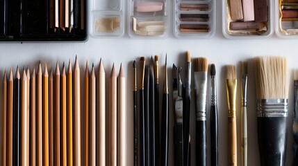 Collection of art supplies including pencils and brushes displayed on a table
