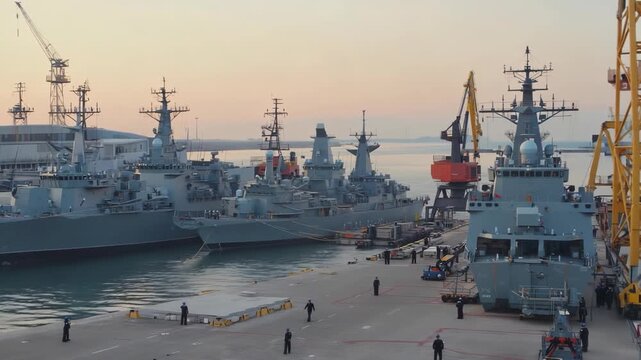 A naval base with moored warships, cranes, and loading docks