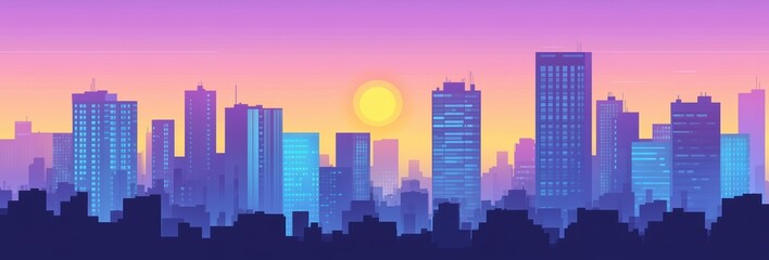 Fototapeta premium Minimal City Skyline Vector Illustration with Sun and Modern Buildings