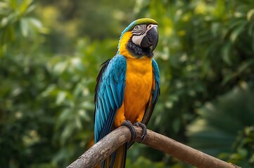 Obraz premium Vibrant Blue and Yellow Macaw Parrot Perched on Branch in Lush Green Forest