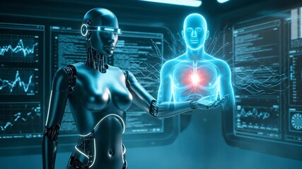 Robot examines hologram heart display. Android stands beside cyborg model. Cyborg interface shows ai medical monitor. Futuristic technology lab highlights heart analysis. Visual diagnostic datum. - Powered by Adobe