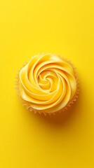 Bright yellow background with a 3D small cupcake with a swirl of icing in the middle, soft and tempting 