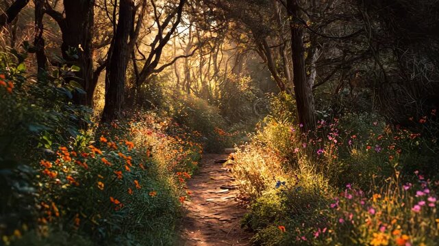 Sunlit forest path winding through a lush woodland adorned with vibrant wildflowers creating a serene and inviting natural landscape
