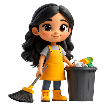 Cleanliness Champion: A charming cartoon character, donned in a vibrant apron and holding a broom, stands beside a brimming trash can, emphasizing the importance of keeping environment clean.