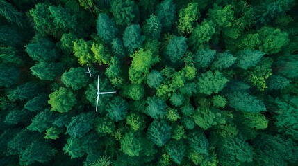Aerial View of Green Forest with Wind Turbine Representing Renewable Energy