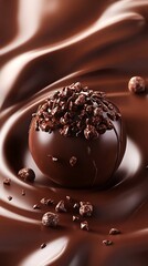 Chocolate brown background with a 3D chocolate truffle in the center, rich and velvety 