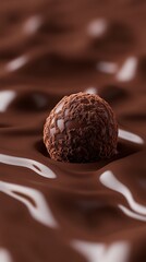 Chocolate brown background with a 3D chocolate truffle in the center, rich and velvety 