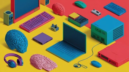 Vibrant retro technology with colorful gadgets and brain models for creative design concepts