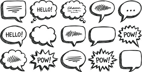 Various comic book style speech bubbles with "hello" and "pow" text © Vector Brush