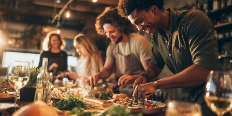 Group of people cooking together in a kitchen during the evening