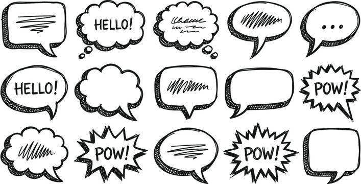 Various comic book style speech bubbles with "hello" and "pow" text