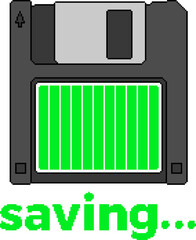 Vector pixel art of floppy disk with full loading bar, symbol of completed saving, backup and data storage.