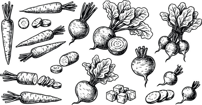 Vibrant black and white illustration of fresh carrots and beets