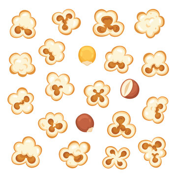 Cartoon popcorn pieces and corn kernels illustration set isolated