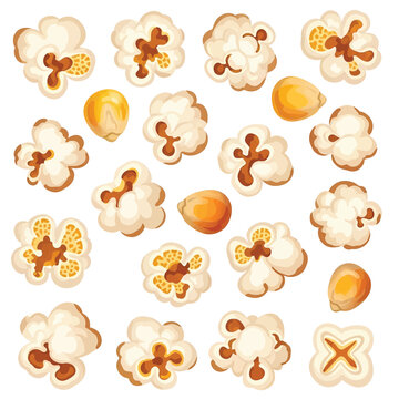 Cartoon popcorn pieces and corn kernels illustration set isolated